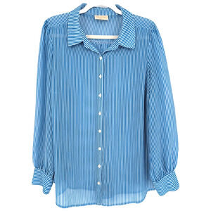 Modcloth Sheer Chiffon Blue Striped Classic Preppy Twee Academia Blouse 1X